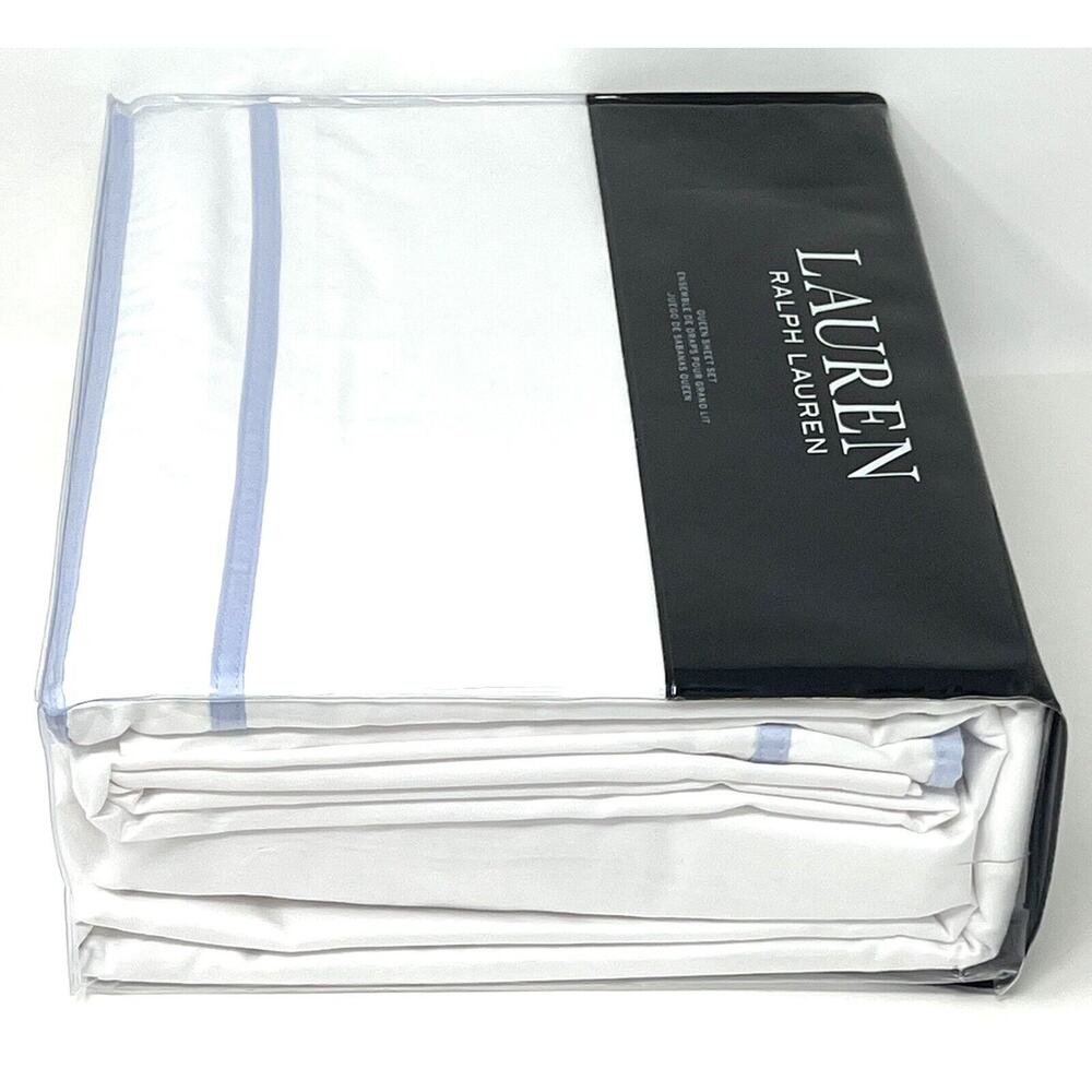 Ralph Lauren Spencer Border Sateen QUEEN Sheet Set Cornflower Blue White 4 Pcs - Picture 4 of 9